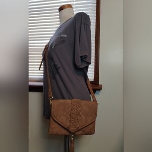 Tan Sueded Pleather Bag W/ Gold Studs & Braiding Detail